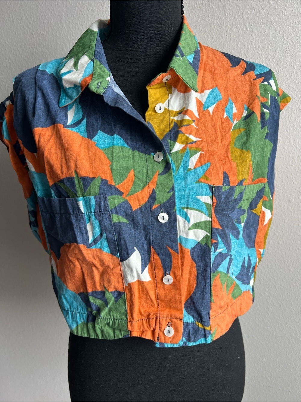 Zara Tropical Cropped Button-Up Top — Orange, Blue & Green - Picture 2 of 6